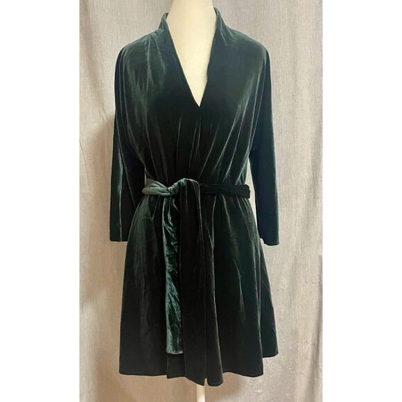 ZARA Woman Emerald Velvet Pullover Belted Knee Length Dress Size Medium - Picture 4 of 12